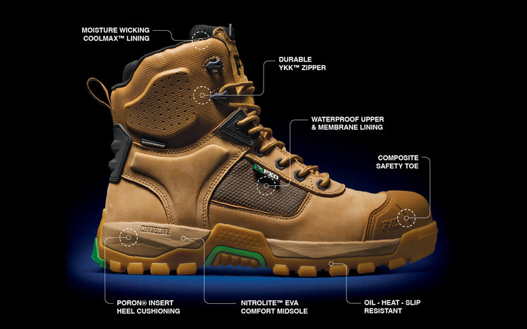 Work Boot 1 Waterproof detailed call out for Coolmax lining, durable YKK Zipper, waterproof upper & membrane lining, composite safety toe, oil heat slip resistant sole, Nitrolite comfort midsole, and Poron insert heel cushioning.