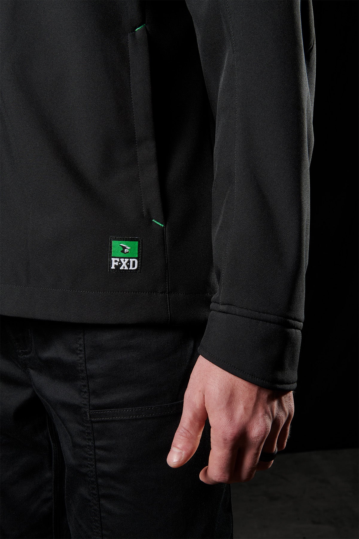 On body front pocket detailing of the WO-3 Black