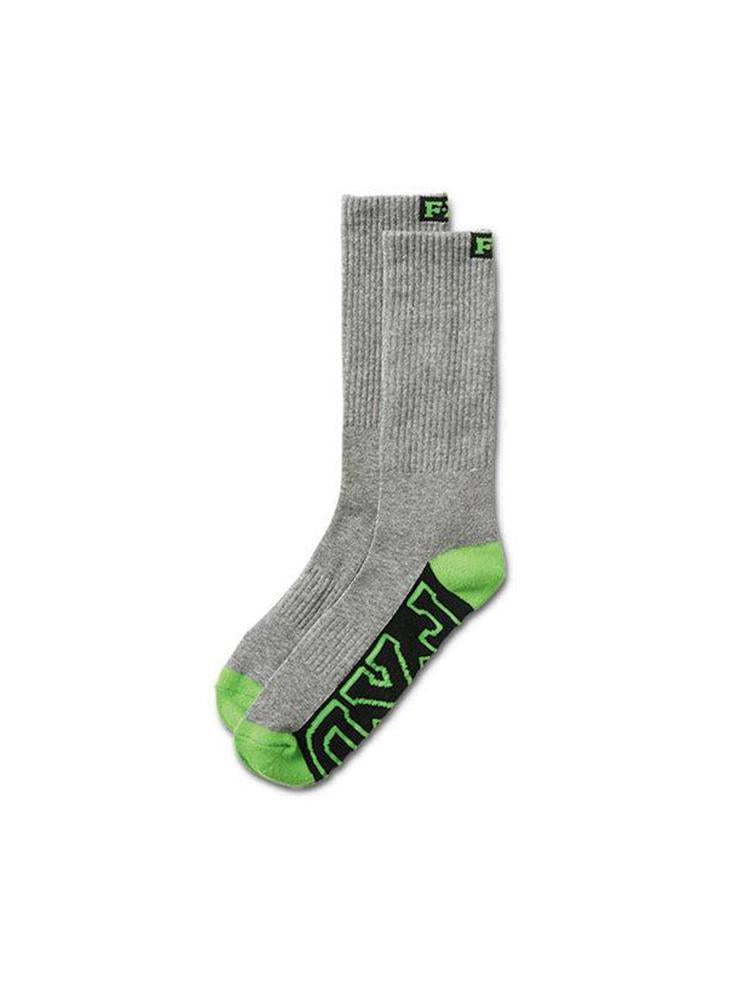 A pair of gray crew socks with green accents and a logo on the side.