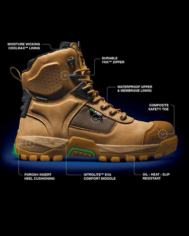 Work Boot 1 Waterproof detailed call out for Coolmax lining, durable YKK Zipper, waterproof upper & membrane lining, composite safety toe, oil heat slip resistant sole, Nitrolite comfort midsole, and Poron insert heel cushioning. 