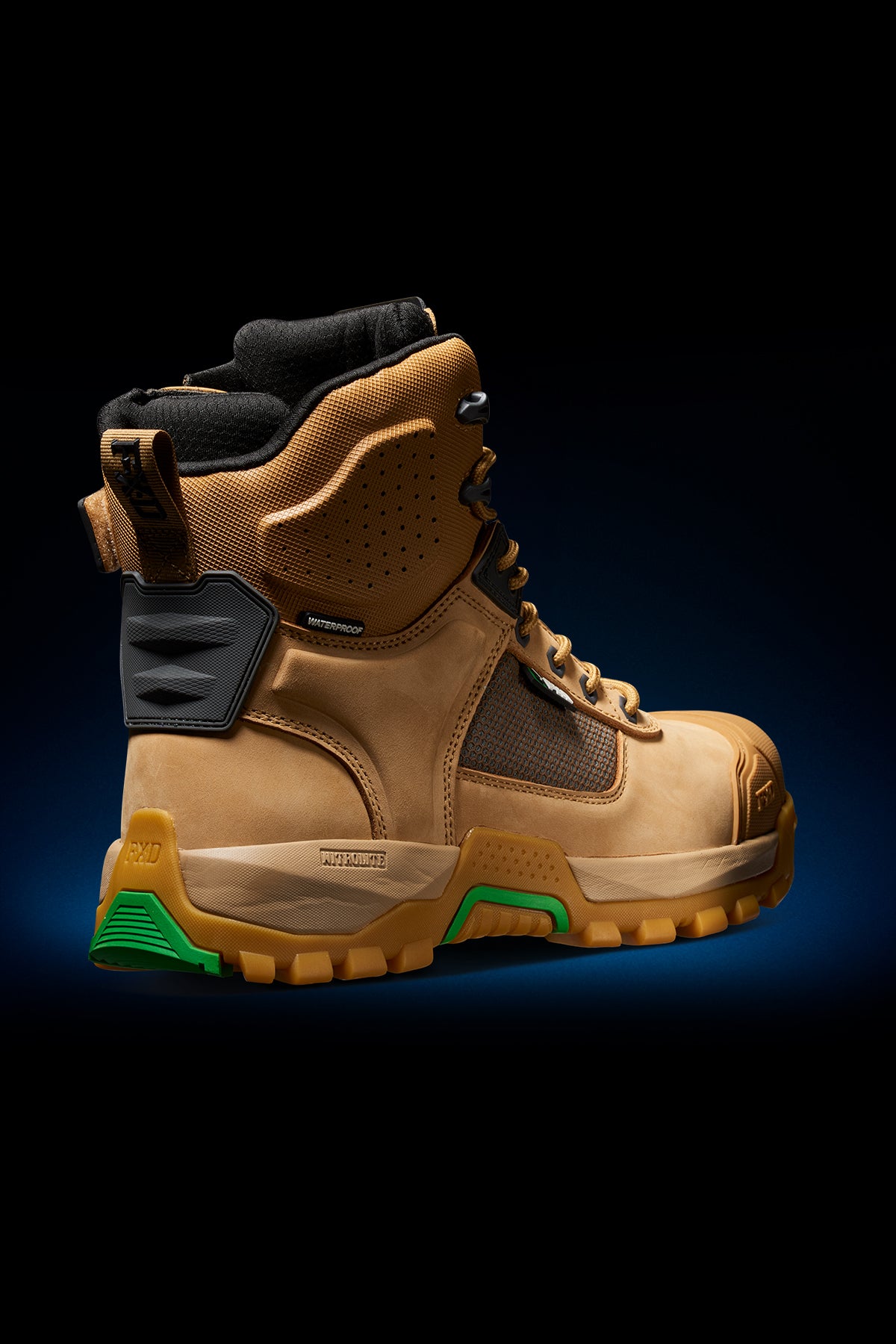 3/4 back angle view of FXD High Cut Work Boot 1 Waterproof WB1WP Wheat.